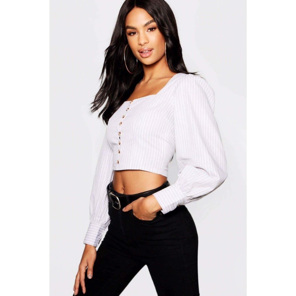 Square Neck Long Puff Sleeve Button Linen Crop Top